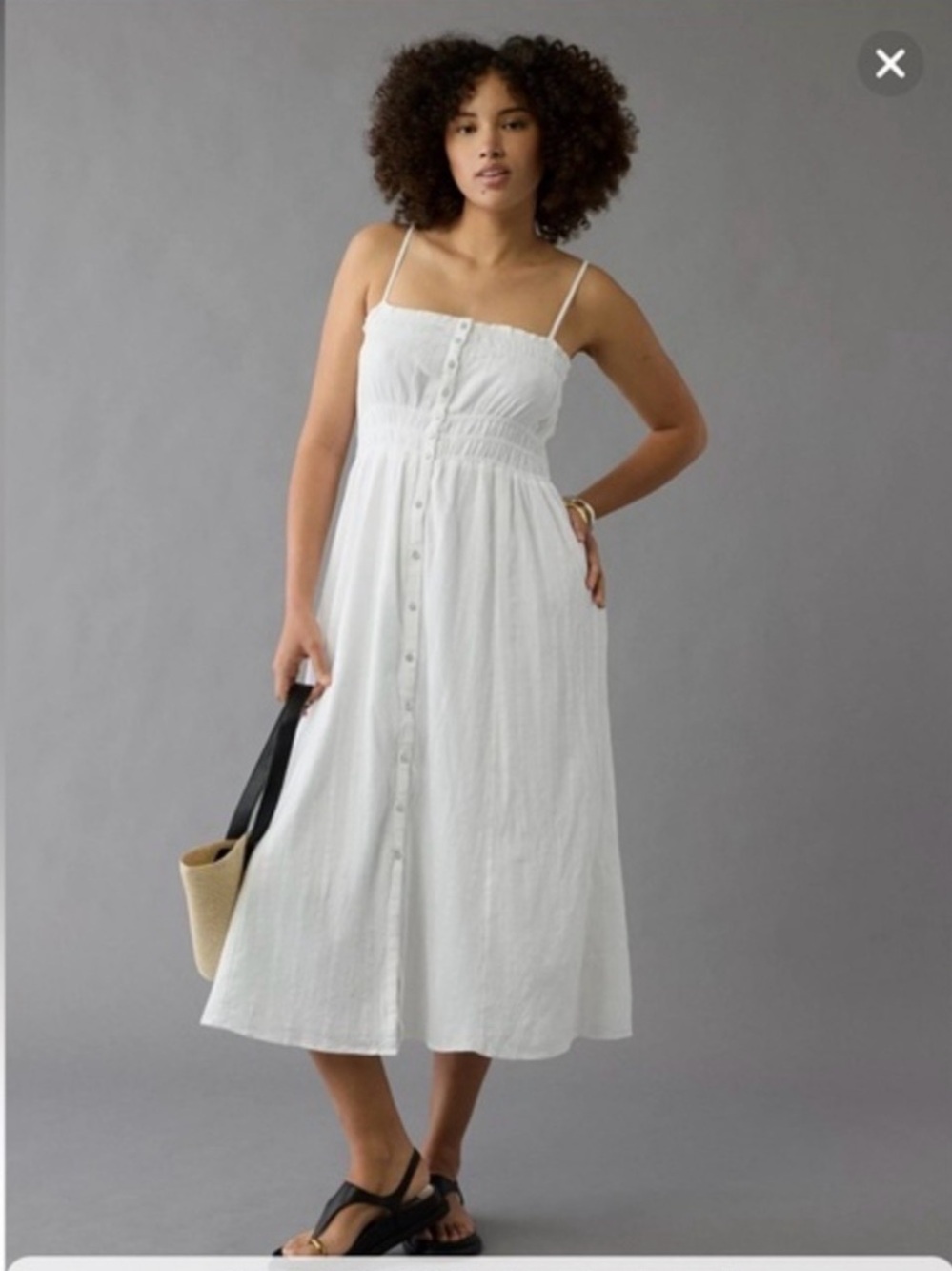 American Eagle Outfitters White Smocked Midi Dress with Buttons